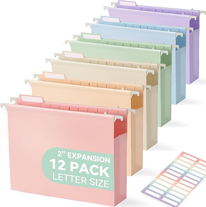 Plastic Extra Capacity Hanging File Folders, 2" Pastel Expanding Pocket, Heavy Duty for Filing Cabinet, Insertable 1/5-Cut Tabs, Letter Size - 12 Pack