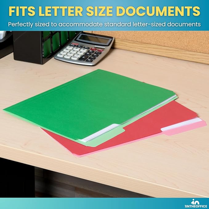1InTheOffice Colored File Folders, Top-Tab File Folders, 3 Tab, 5 Assorted Colors, Letter Size, 100/Pack