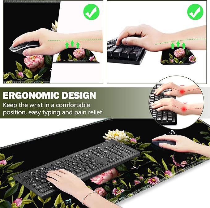 ARTSO Gaming Mouse Pad Wrist Support Set, XXL Large Desk Mat Mousepad + Keyboard Wrist Support+ Mouse Wrist Rest+Coaster 4in1 Ergonomic, Stitched Edge for Home Office -Flowers and Butterflies