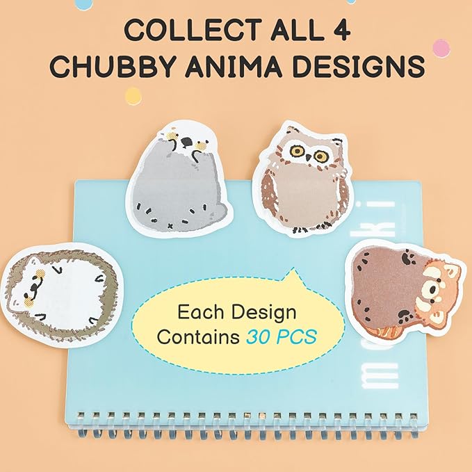 M&G Puffy Animal Sticky Notes, 4 Pads 120 Sheets, 3 x 2 Inch Cute Cartoon Memo Pads, Foldable Stand Self-Stick Notes for School Office Home