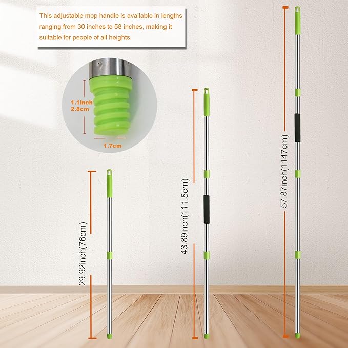 Xifando Mop Handle Replacement - 4-Section Adjustable from 30" to 58" - Durable Stainless Steel Mop Pole with American Thread Joint for Spin Mops & Brooms (Green)
