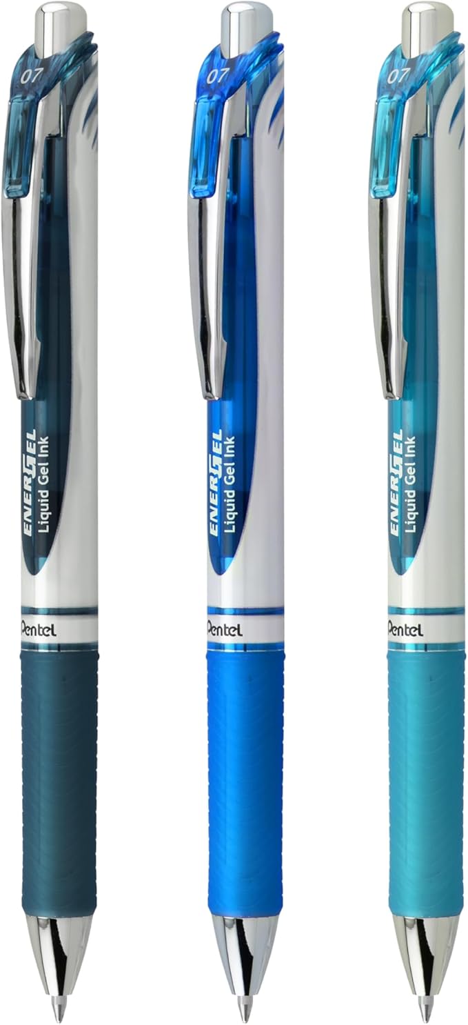 Pentel EnerGel RTX Retractable Liquid Gel Pen, 0.7mm, Note-Taking Hue, Navy, Blue, and Sky Blue Ink, Pack of 3 Pens (BL77LBNBP3M)
