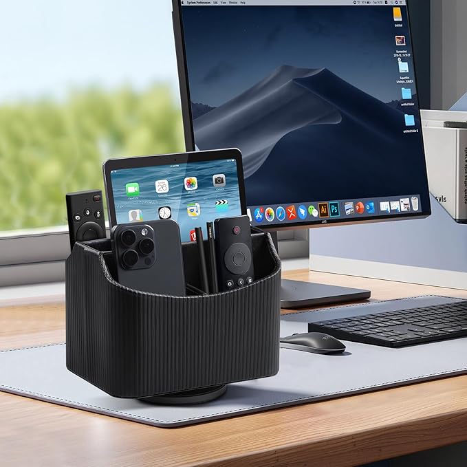 PU Leather Remote Control Holder, 360 Degree Rotating Desk Organizer Storage Table Remote Caddy, Spinning Bedside Organizer Nightstand Organizer for Desktop Office Home Black