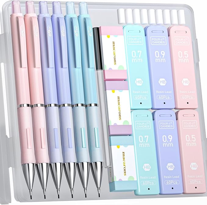 Four Candies Cute Mechanical Pencil Set, 6PCS Pencils 0.5 mm & 0.7 mm & 0.9 mm with 360PCS Lead Refills, Pastel Erasers, Case for School Supplies