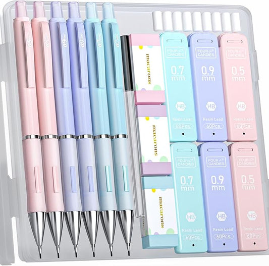 Four Candies Cute Mechanical Pencil Set, 6PCS Pencils 0.5 mm & 0.7 mm & 0.9 mm with 360PCS Lead Refills, Pastel Erasers, Case for School Supplies