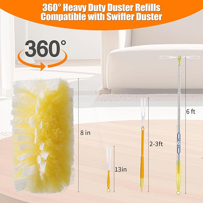 Senowi 60 Count 360° Heavy Duty Duster Refills Compatible with Swiffer,Large Size-Extra Thick Disposable Electrostatic Feather Duster Refill with 1 Retractable Handle(35-inch Length Fully expanded)