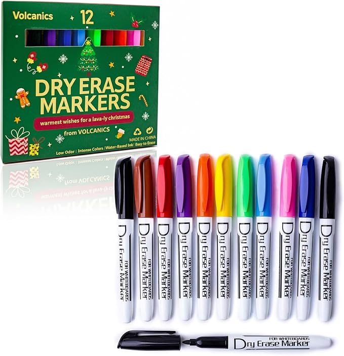 Volcanics Christmas Dry Erase Markers – Colored Whiteboard Markers with Giftable Holiday Packaging, 12 Pcs, Ideal Stocking Stuffer for Kids, Teachers & Families