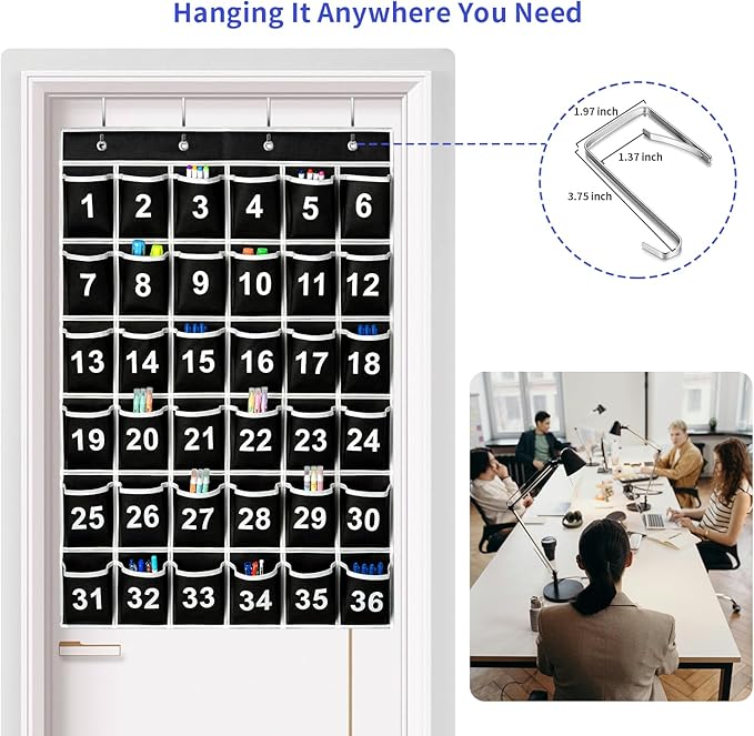 36 Pockets Black Numbered Classroom Pocket Chart for Cell Phones, Hanging Pocket Chart Storage for Classroom Phone Calculator Holder with 4 Hooks (Black-36pockets)