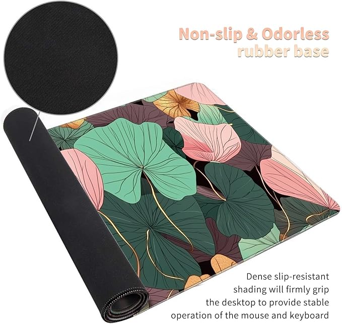 Desk Mat Large Gaming Mouse Pad (31.5x11.8 inch) with Stitched Edges, XL Mouse Pad +Coaster, Extended Mouse Mat Keybroad Mousepad Non-Slip Rubber for Gamer Men Women, Pink Teal Lotus Leaf