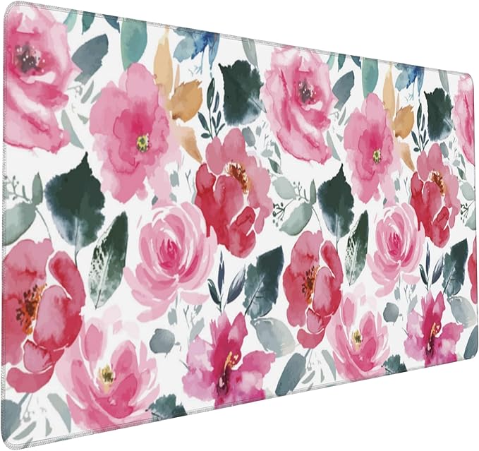 Large Gaming Mouse Pad for Desk,Watercolor Pink Flowers and Green Leaves Desk Mat for Desktop,Non-Slip Rubber Base Stitched Edge Long Computer Keyboard Mouse Mat Desk Pad for Home Office 35.4"X15.7"