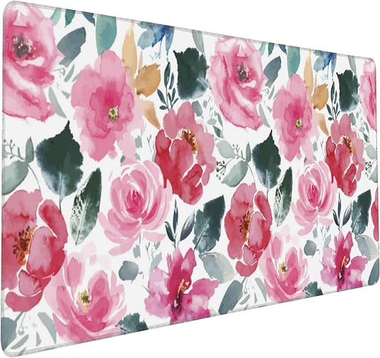 Large Gaming Mouse Pad for Desk,Watercolor Pink Flowers and Green Leaves Desk Mat for Desktop,Non-Slip Rubber Base Stitched Edge Long Computer Keyboard Mouse Mat Desk Pad for Home Office 35.4"X15.7"