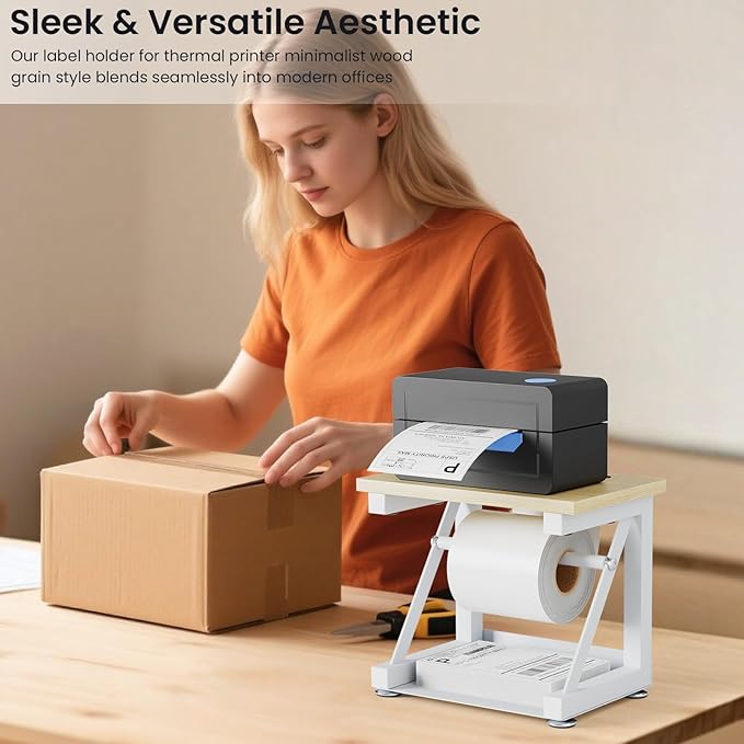 Label Holder for Rolls and Fan-fold Labels, Heavy Duty Metal Thermal Label Holder for Desktop Printer Holder, Thermal Printer Accessory for Office, Home, Small Business (White)