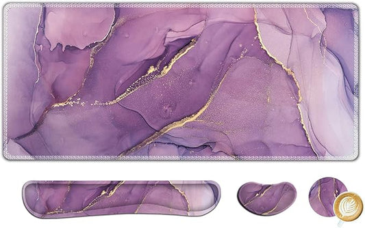 AIMSA Large Gaming Mouse Pad Set, Keyboard Wrist Rest Support Mouse Pad, Ergonomic Memory Foam Multifunctional Extended Desk Mat 35x15.7in Anti-Slip Rubber Base for Office Home, Purple Marble