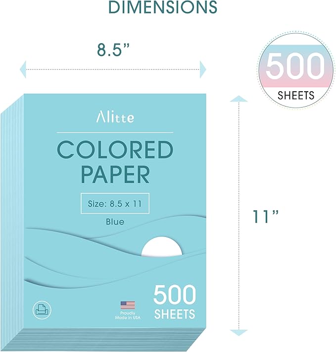 Colored Paper 500-Sheets - Blue Paper, 8.5 x 11 Colored Printer Paper, Arts & Crafts, DIY Projects - School & Office Supplies - Pastel Copy Paper, 1 Ream, Made in the USA