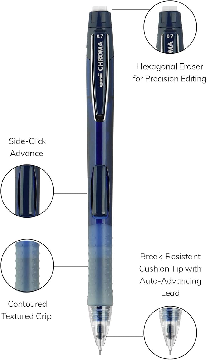 uniball Chroma Mechanical Pencil Woth Leasd and Eraser Refills, 0.7 Mm, Hb (#2), Black Lead, Assorted Barrel Colors, 4/Set