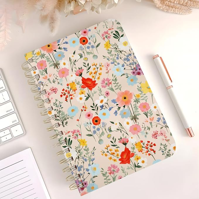 Cute Spiral Notebook journal A5 Aesthetic Pretty Floral Design for Women Girls Kawaii with Pocket, 8.5 x 5.7 inch, Yellow Floral