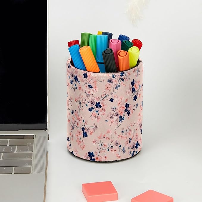 Leather Pen Holder for Desk Pink Floral Pencil Cup Desktop Organizer Makeup Brush Holders Office Supplies for Home, Kids & School