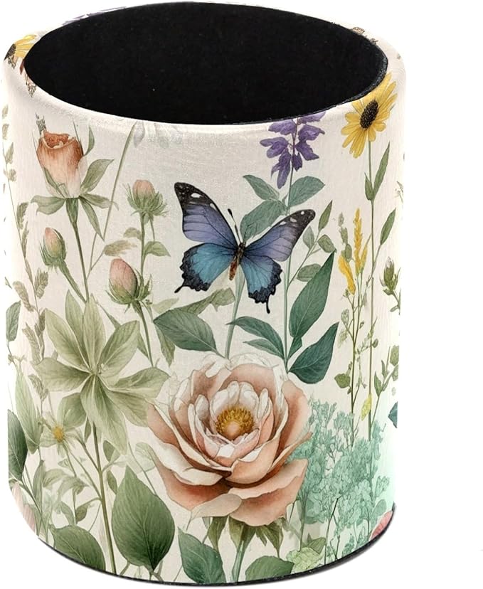 Leather Pen Holder for Desk Floral Pretty Butterflies Pencil Cup Desktop Organizer Makeup Brush Holders Office Supplies for Home, Kids & School