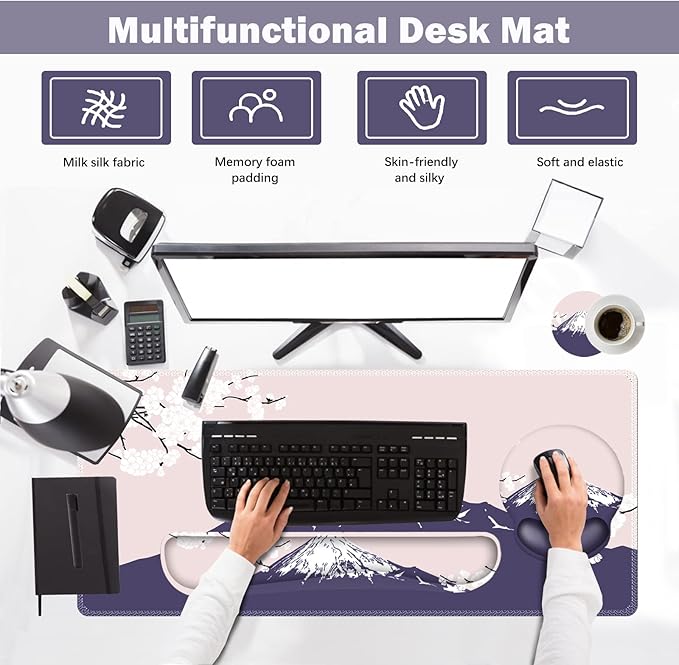 ARTSO Large Mouse Pad Set Ergonomic Keyboard Wrist Rest Support, Memory Foam Gel Wrist Pad, Non-Slip Extended Desk Mat Protector, Pink Sakura Fuji Mountain