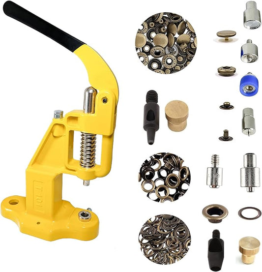 Hobby Trendy Hand Press with Rust Free Steel 50 Sets Ln24 15mm Fashion Spring Glove Snaps and 50 Sets Brass 8 mm (Nr5) Eyelets, Matching Dies and Hole Punches (Bronze Supplies, Yellow Press)