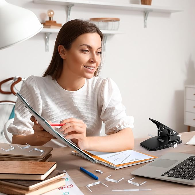 Dreyoo 2 Hole Punch with 100 Self Adhesive Prong Paper Fasteners, 2 Hole Paper Puncher for File Folder and Metal File Fasteners Combo Set, 30 Sheet Capacity, 2.75 Inch Center Paper Fasteners