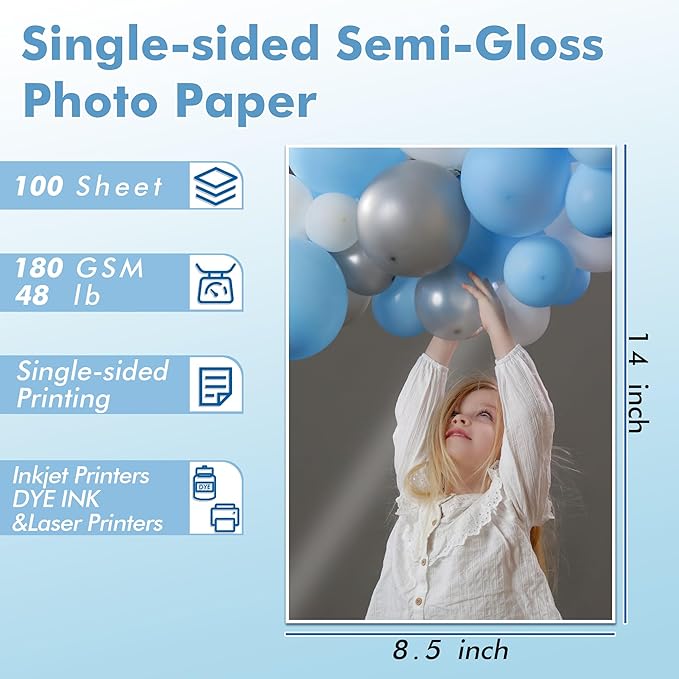 Koala Semi-Gloss Photo Paper 8.5X14 Inches 100 Sheets for Inkjet and Laser Printers Use DYE INK 48LB 180gsm Legal Size Professional Paper