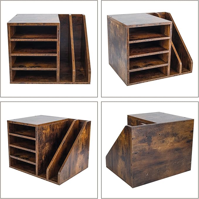 PAG Wood Desktop File Holder Organizer Mail Sorter for File Folders, Mails, Envelopes, Mailing Supplies or Magazines, Brown