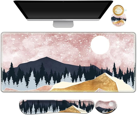 ARTSO Extended Gaming Mouse Pad Set, Keyboard Wrist Rest Support Pad + Wrist Cushion + XXL Large Mouse Pad + Coaster, Stitched Edge, Non-Slip, Memory Foam Desk Mat, Pink Abstract Mountain