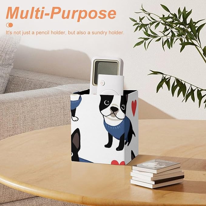 Pen Holder Square Leather Pencil, Holder Cup Makeup Brush Storage Organizer, Waterproof Multifunctional Office Supplies Boston Terrier Bulldog