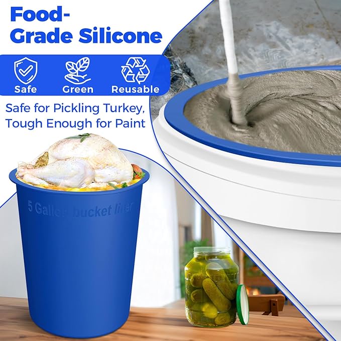 5 Gallon Bucket Liner with Lid- Food Grade Reusable Silicone Bucket Liner for Concrete Mix and Mud (Blue, 5 Gallon with Lid)