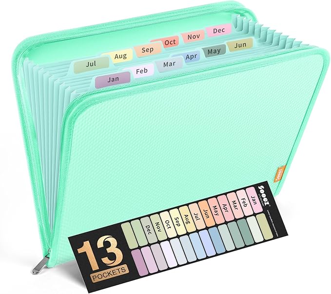 Sooez 13 Pocket Accordion File Organizer, Zipper Expanding File Folder Organizer, Reinforced Plastic Accordion Folder, A4 Letter Size, Portable Folders for Documents, Green