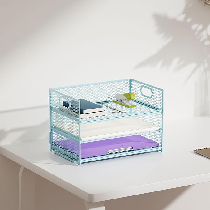 Marbrasse 3 Tier Paper Organizer Letter Tray, Mesh File Organizer with Handle, Paper Sorter Desk Organizer for Home Office Supplies - 2p Blue