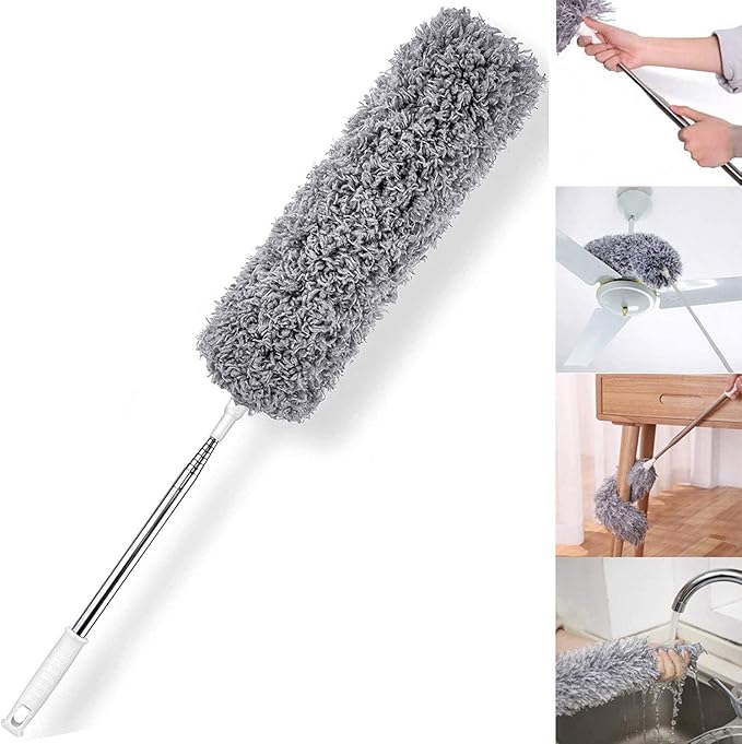 HEOATH Microfiber Feather Duster with Extendable Pole, 30-100 inches Extra Long Cobweb Duster for Cleaning, Bendable Head, Non-Scratch, Washable Duster for Ceiling, Fan, Furniture Gray