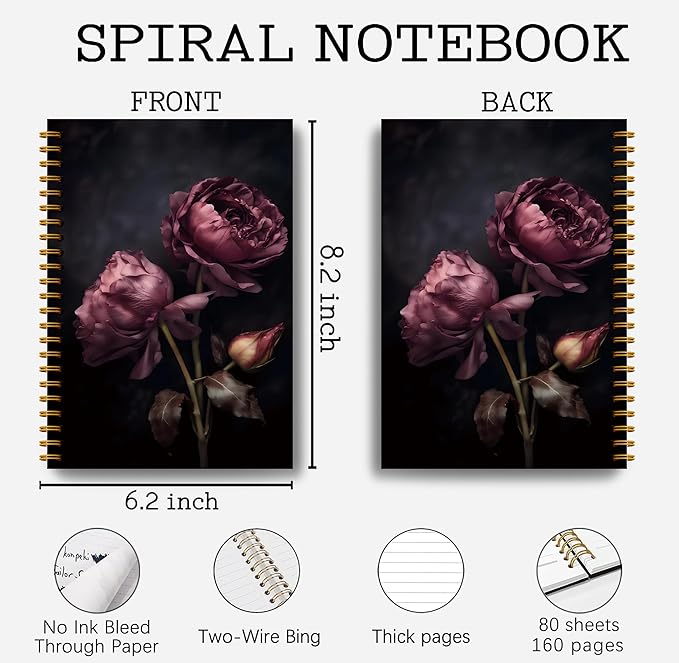 Dark Academia Rose Notebook for Women - Gothic Goth Floral Journal, Witchy Journal Notebook, Witch Stuff, Gothic Office Supplies, Halloween Notebook, Spiral Notebook 5.5x8.3
