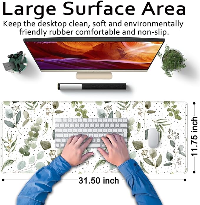 Green Mouse Pad Boho Desk Mat,Speckled Textured Greens Cool Aesthetical Mouse Pad Desk Accessories for Women Office Decor Mousepad Keyboard Pad, Non-Slip Rubber Base with Stitched Edges 31.5x11.8In