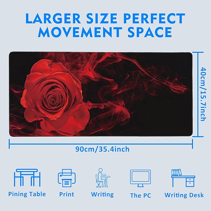 Large Extended Mouse Pad Red Smoke Rose Desk Mat,Large Gaming Mouse Pad,Big Desk Pad with Thick Stitched Edges Suit for Home Office or Gaming 35.4x15.7 Inch