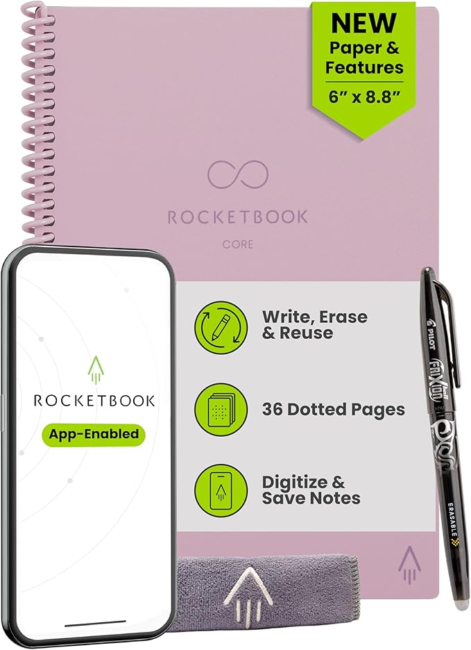 Rocketbook New Core Reusable Spiral Notebook, Letter Size 8.5x11, Pink - Dotted Pages, App-Connected, Erasable, Durable Cover, Ideal for School, Work, and Creative Projects