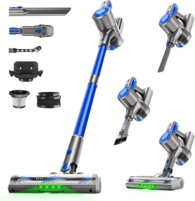 Honki Cordless Vacuum Cleaner for Home, Powerful Stick Vacuum with Rechargeable Battery, Green Light Anti-Tangle Brush, 6-in-1 Lightweight Handheld Vacuum for Pet Hair, Hard Floor, Carpet