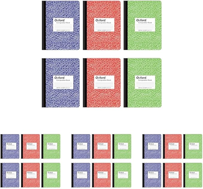 Oxford Composition Notebook 24 Pack, Wide Ruled Paper, 9-3/4 x 7-1/2 Inches, 100 Sheets, Assorted Marble Covers, 2 Each: Blue, Green, Red (63762)