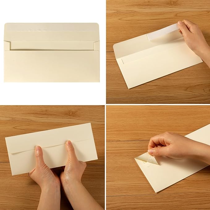 100 Pack Colorful #10 Business Envelopes Self Seal Standard Envelopes for Office Checks, Business, Letter Mailing Invoices, 4.13 x 9.49 Inches (Cream Color)