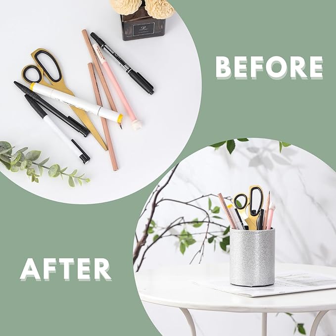 Pencil Holder for Desk, PU Leather Pen Holders for Cosmetics Office Supplies,Brush Holder Makeup Organizer Silver PH108