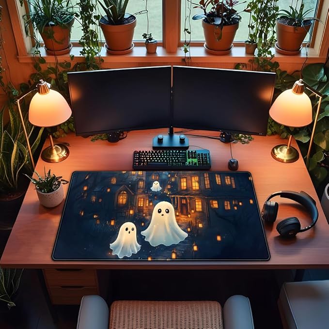 Cute Desk Mat Ghost Cartoon Mouse Pad Haunted House Style Desk Pad, Gaming Mouse Pad XXL Mouse Keyboard Pad Aesthetics Ai Desktop Mat Mouse Pads for Desk Computer Accessory Home Decor 31.5" X 15.7"