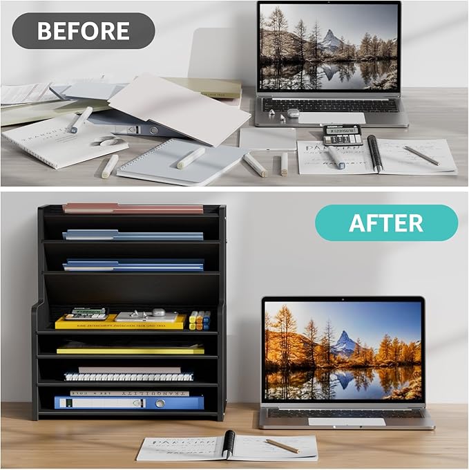 Wood Office Desk File Organizer - 7 Tier Desk Top Storage Shelf Stationary Workspace Organization Small Wooden Desktop Paper Tray,Black