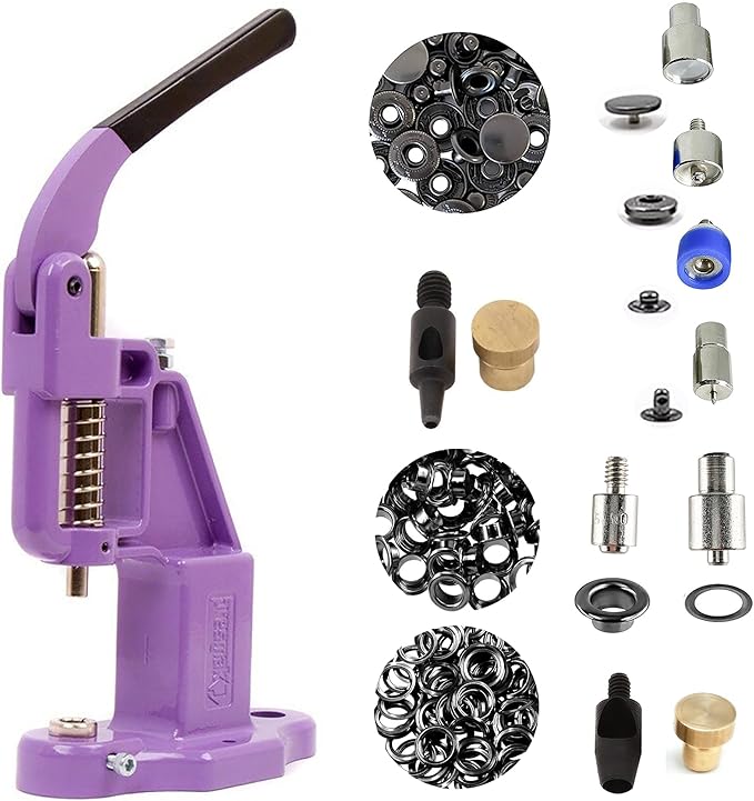 Hobby Trendy Hand Press with Rust Free Steel 50 Sets Ln24 15mm Fashion Spring Glove Snaps and 50 Sets Brass 8 mm (Nr5) Eyelets, Matching Dies and Hole Punches (Black Supplies, Lilac Press)