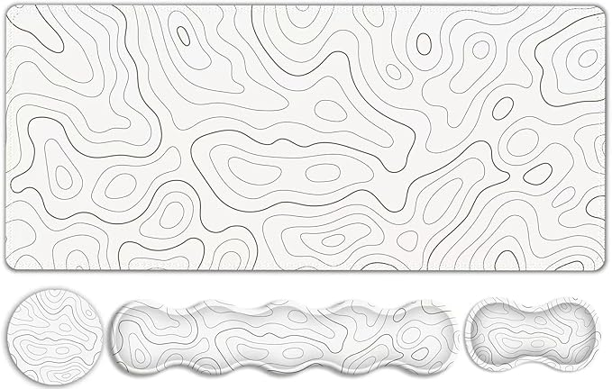 Gaming Mouse Pad Keyboard Wrist Support, 4 in1 Mousepad with Wrist Keyboard Rest, Computer Desk Mat, Non-Slip Desk Pad Protector with Memory Foam Easy Typing Pain Relief I White Topographic