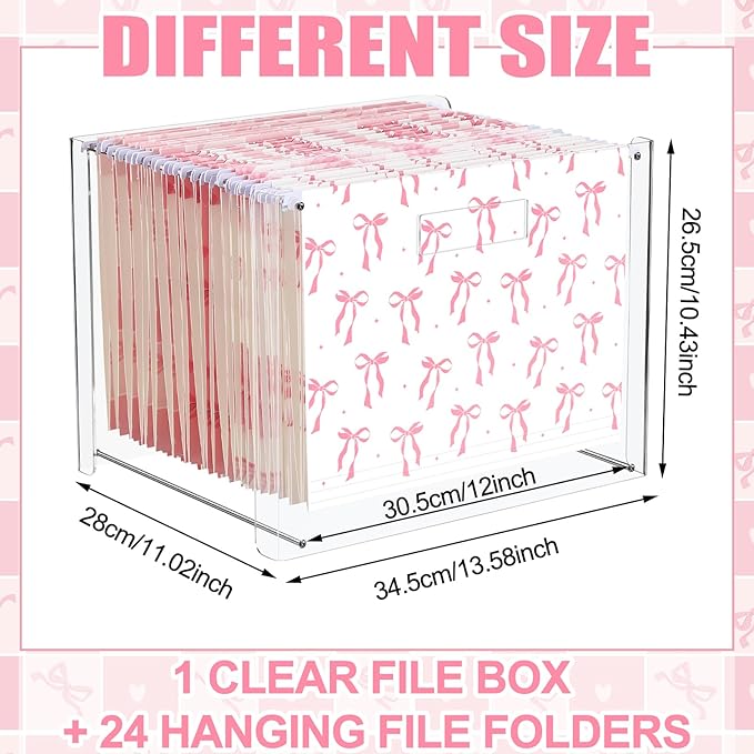24 Hanging File Folder with Acrylic Organizer for Letter/a4 Size Desktop Clear File Storage Box with Handles for Home Work Office Use(Pink,Bow)