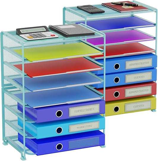 Simple Trending 2 Pack 8 Tier Letter Tray Paper - Mesh Desk File Organizer for Office School Desktop, Blue