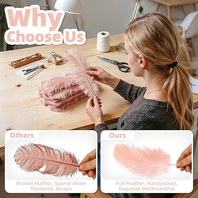 Pink Ostrich Feather Duster with Wooden Handle, 13.5 inch Natural Fluffy Cleaning Tool for Dusting Home, Car, Delicate Surfaces, Reusable Decorative Duster for Ledges, Blinds & Stylish Home Decor