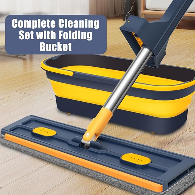 Large Flat Mop with Folding Bucket – Self-Wringing Floor Mop Set with 54" Stainless Steel Handle, 6 Reusable Microfiber Pads, 360° Swivel Head for Home Cleaning on Tile, Wood, Laminate (A-Blue)