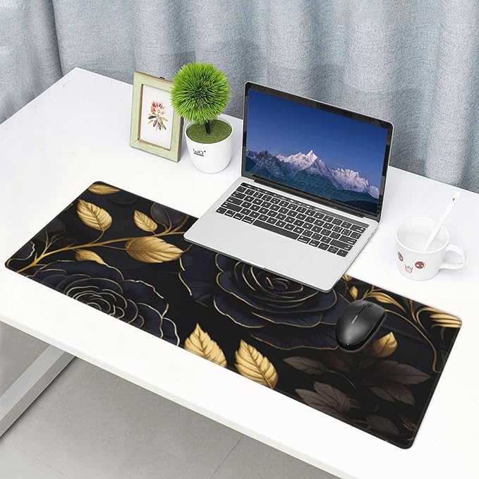 Gaming Mouse Pad, Large Non-Slip Rubber Base Mousepad, Keyboard Mouse Mat, Desk Pad with Stitched Edges, 31.5x11.8inch, Black Flower
